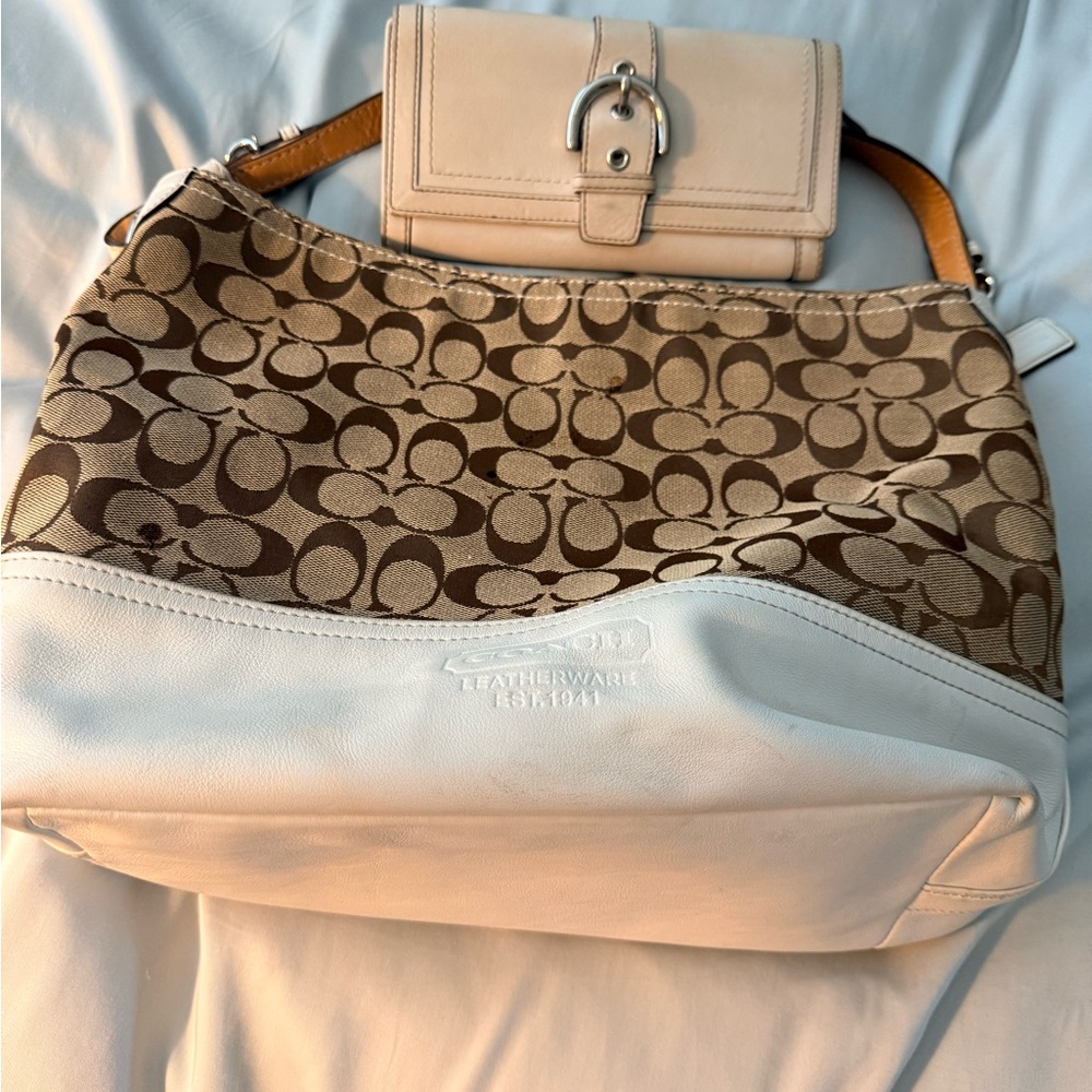 Coach Tan and Cream Signature Shoulder Bag